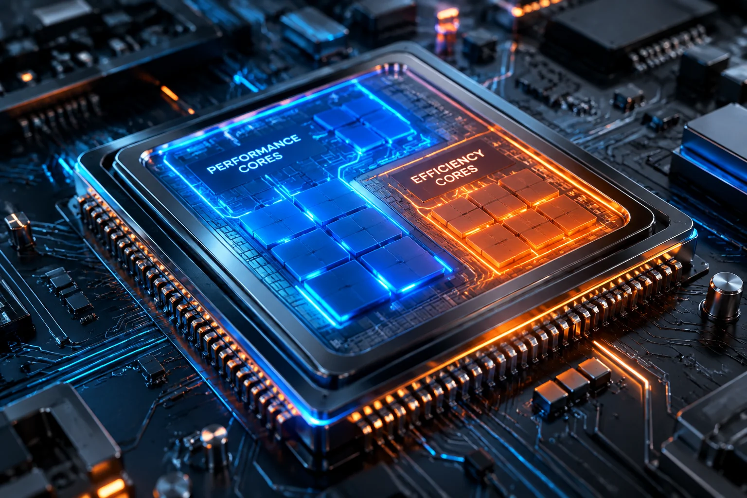 Abstract render of a computer processor with glowing pathways representing hybrid architecture