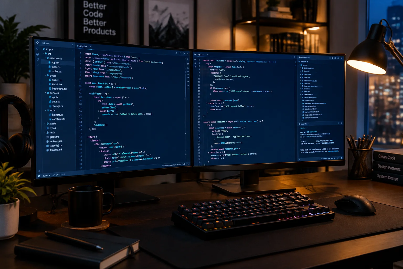 Multi-monitor programming setup displaying lines of code and development environments