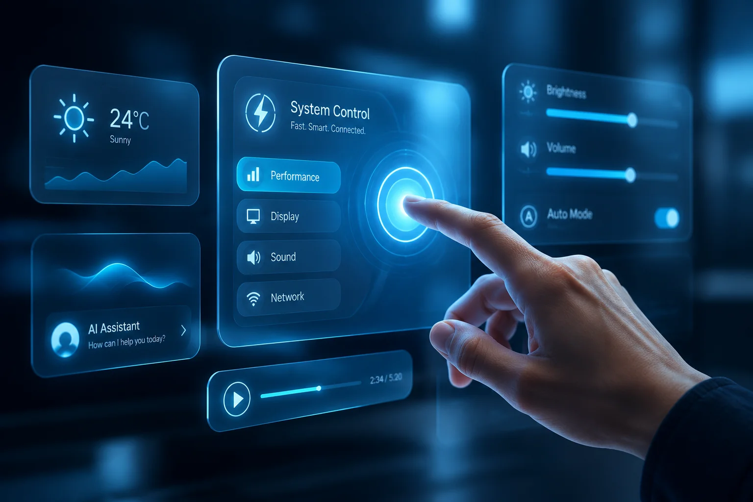 Hand interacting smoothly with a glowing responsive digital interface